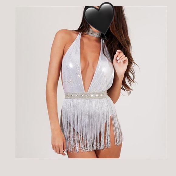 Silver/ White Backless Tasseled/ Fringe Bodysuit - Picture 5 of 7